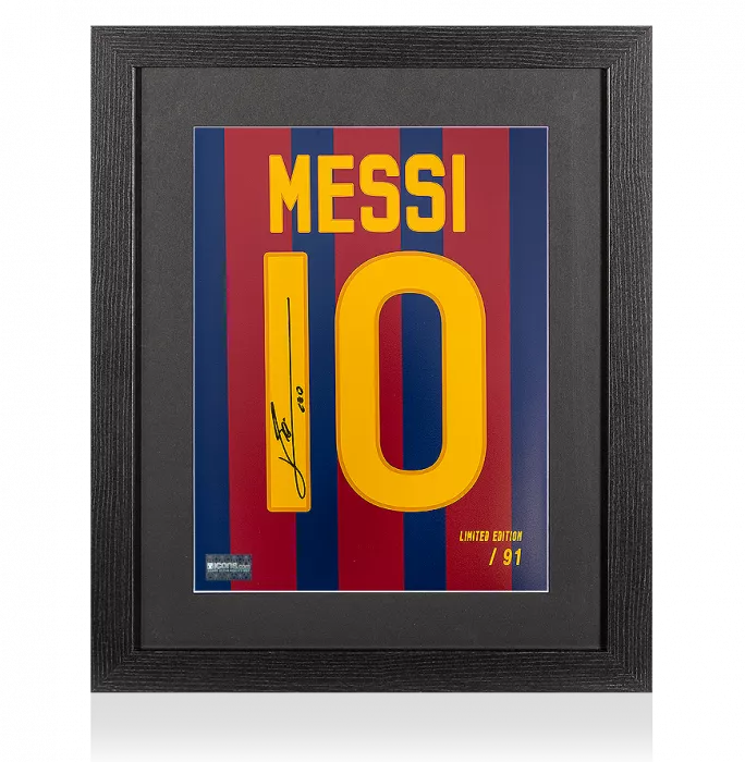 Lionel Messi Official Signed FC Barcelona 2011-12 Shirt Print In Black Wooden Frame: Limited Edition 'Messi 10'