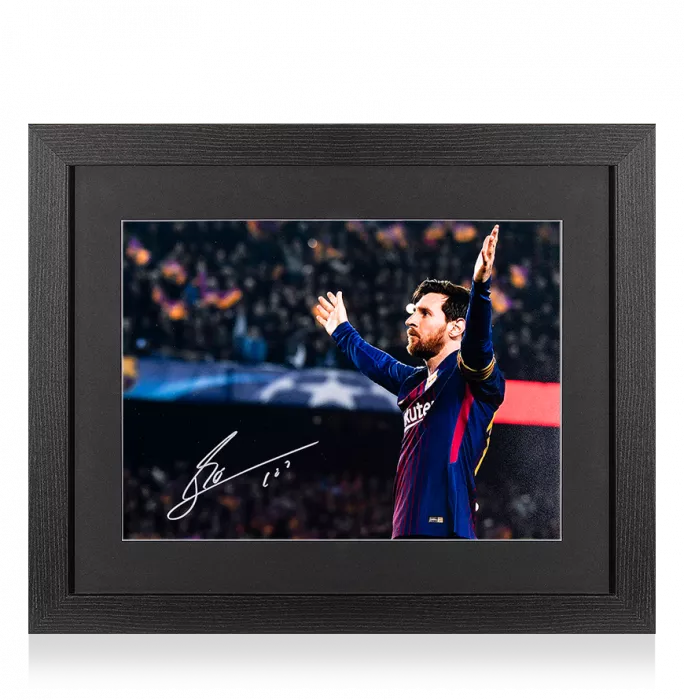Lionel Messi Official Signed FC Barcelona Photo In Black Wooden Frame: 100th UEFA Champions League Goal