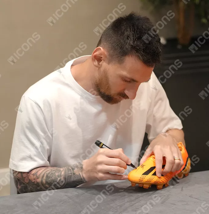 Lionel Messi Official Signed Orange Adidas X Speedportal.1 Boot In Bubble Frame: Option 1