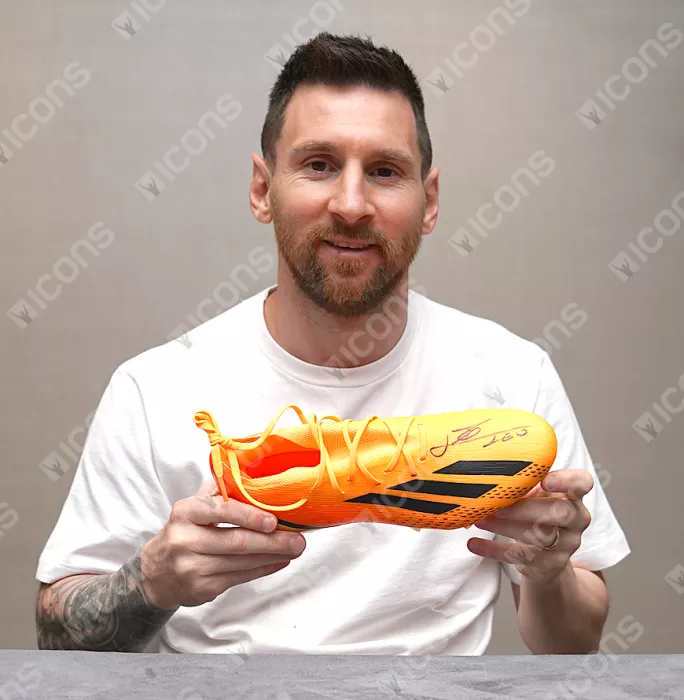 Lionel Messi Official Signed Orange Adidas X Speedportal.1 Boot In Photo Acrylic Case: Option 1