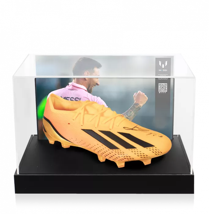 Lionel Messi Official Signed Orange adidas X Speedportal.1 Boot In Photo Acrylic Case: Option 1