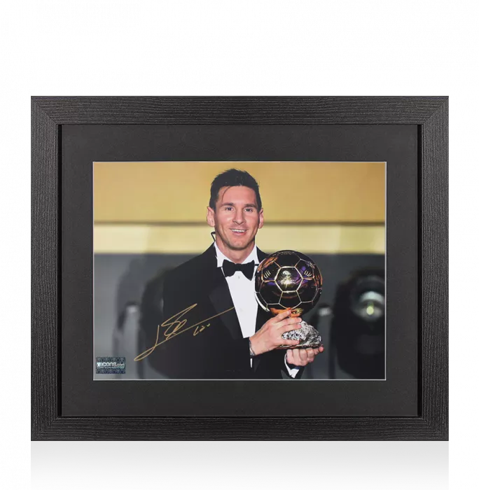 Lionel Messi Official Signed Photo In Black Wooden Frame: 2015 Ballon d'Or Winner