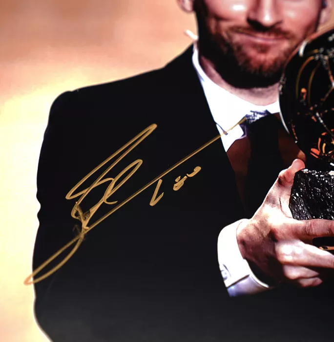 Lionel Messi Official Signed Photo In Black Wooden Frame: 2019 Ballon D'Or Winner
