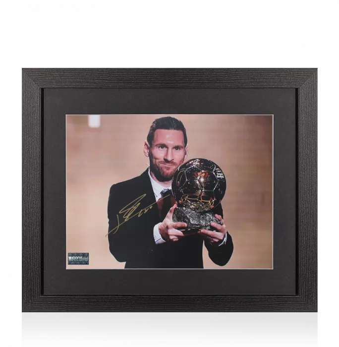 Lionel Messi Official Signed Photo In Black Wooden Frame: 2019 Ballon d'Or Winner