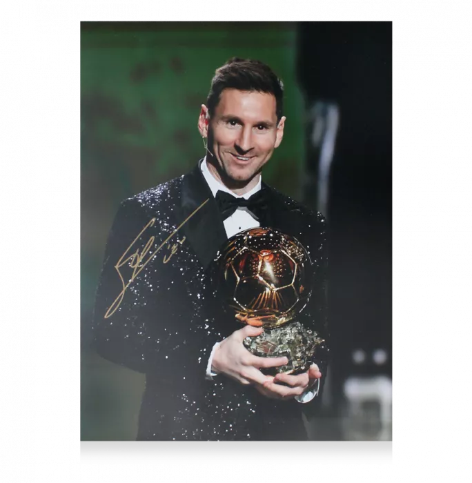 Lionel Messi Official Signed Photo In Black Wooden Frame: 2021 Ballon D'Or Winner
