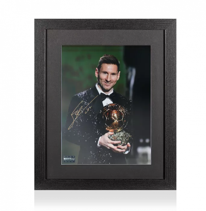 Lionel Messi Official Signed Photo In Black Wooden Frame: 2021 Ballon d'Or Winner
