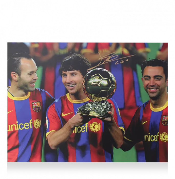 Lionel Messi Official Signed Photo In Black Wooden Frame: 2009 Ballon D'Or Winner