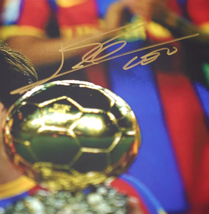 Lionel Messi Official Signed Photo In Black Wooden Frame: 2009 Ballon D'Or Winner