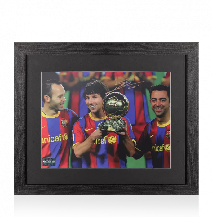 Lionel Messi Official Signed Photo In Black Wooden Frame: 2009 Ballon d'Or Winner