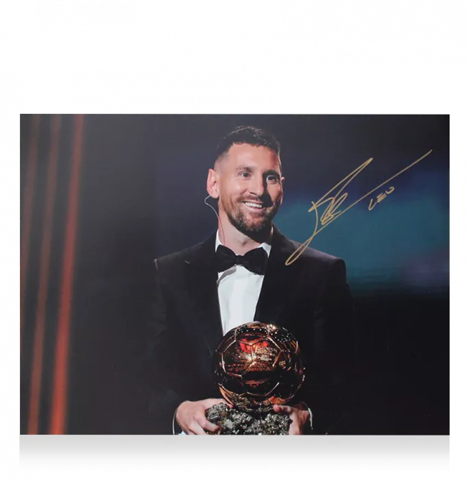 Lionel Messi Official Signed Photo In Black Wooden Frame: 2023 Ballon D'Or Winner