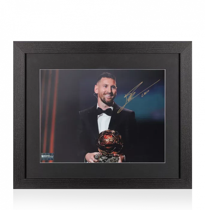 Lionel Messi Official Signed Photo In Black Wooden Frame: 2023 Ballon d'Or Winner