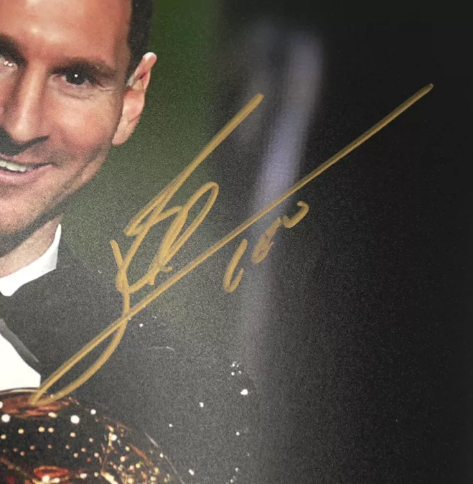 Lionel Messi Official Signed Photo In Black Wooden Frame: 2021 Ballon D'Or Winner