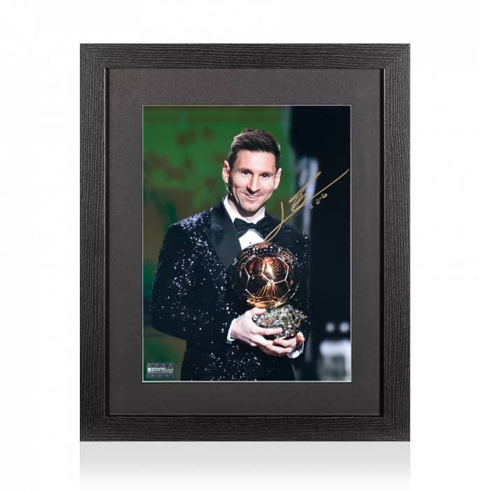 Lionel Messi Official Signed Photo In Black Wooden Frame: 2021 Ballon d'Or Winner