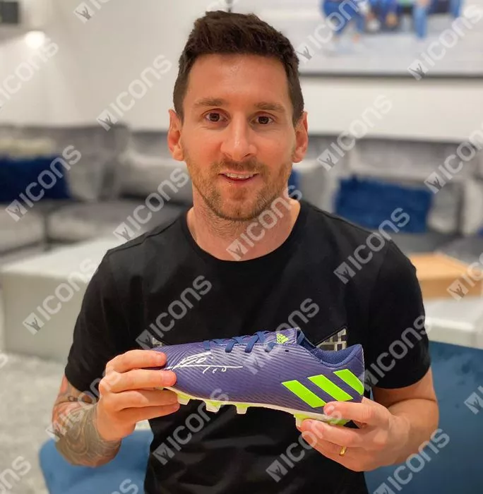 Lionel Messi Official Signed Purple & Green Adidas Nemeziz Messi Boot In Acrylic Case