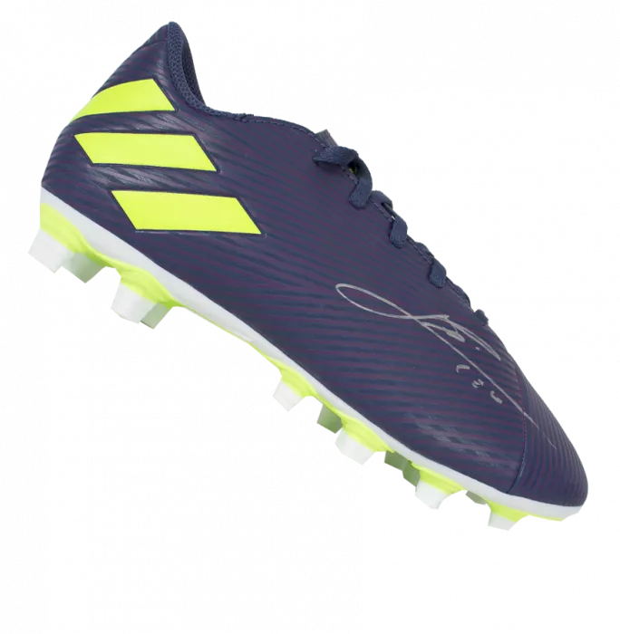 Lionel Messi Official Signed Purple & Green Adidas Nemeziz Messi Boot In Acrylic Case