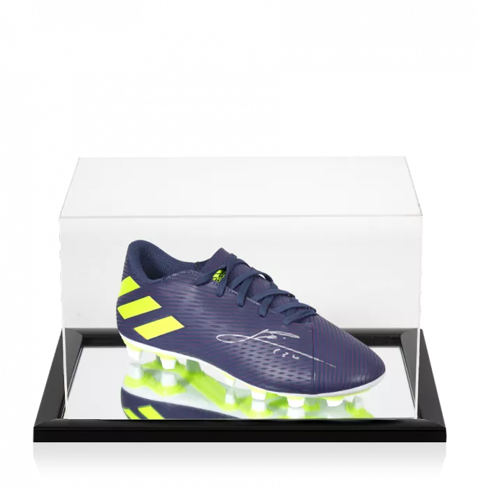 Lionel Messi Official Signed Purple & Green Adidas Nemeziz Messi Boot In Acrylic Case