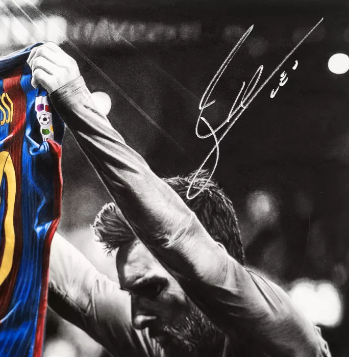 Lionel Messi Official Signed Tribute Artwork In Black Wooden Frame: FC Barcelona Legend