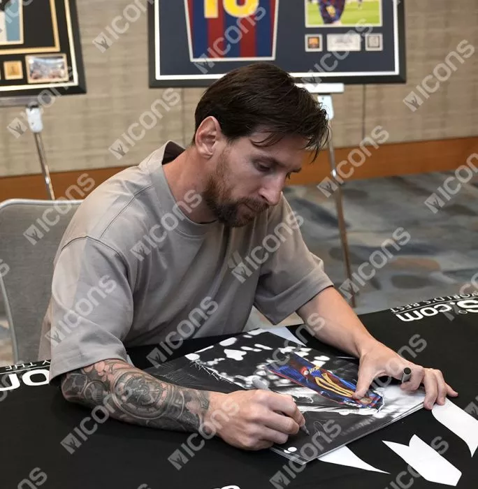 Lionel Messi Official Signed Tribute Artwork In Black Wooden Frame: FC Barcelona Legend