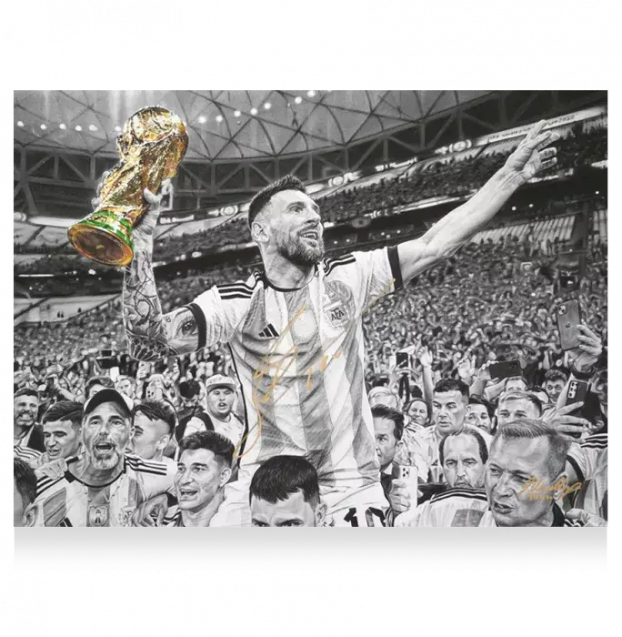 Lionel Messi Official Signed Tribute Artwork In Black Wooden Frame: 2022 FIFA World Cup Winner