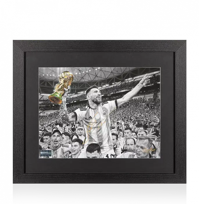 Lionel Messi Official Signed Tribute Artwork In Black Wooden Frame: 2022 FIFA World Cup Winner