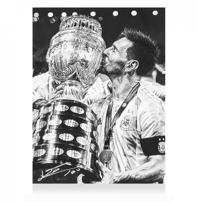 Lionel Messi Official Signed Tribute Artwork In Black Wooden Frame: 2021 Copa America Winner