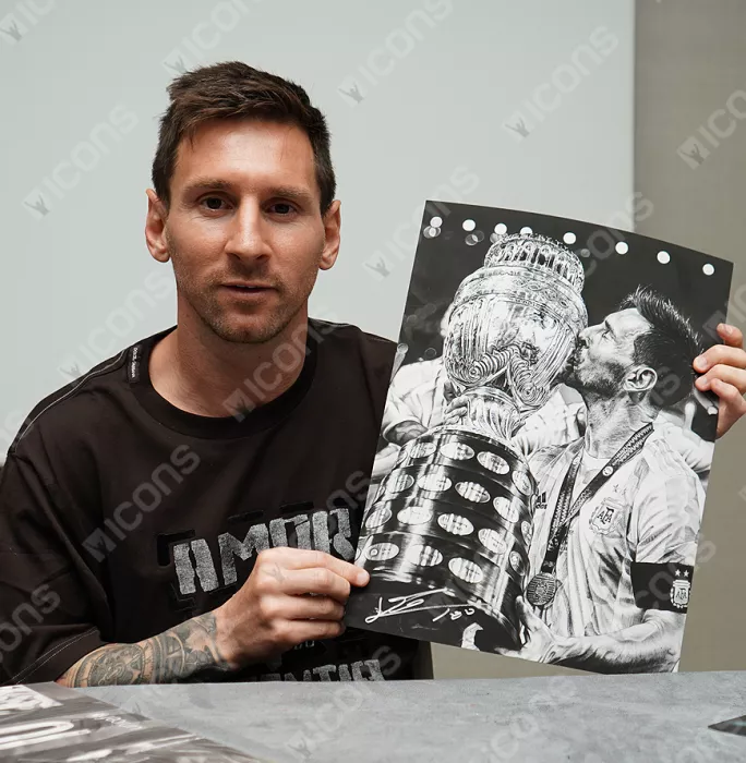 Lionel Messi Official Signed Tribute Artwork In Black Wooden Frame: 2021 Copa America Winner
