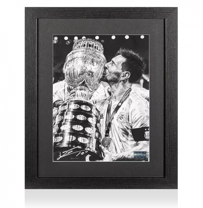 Lionel Messi Official Signed Tribute Artwork In Black Wooden Frame: 2021 Copa America Winner