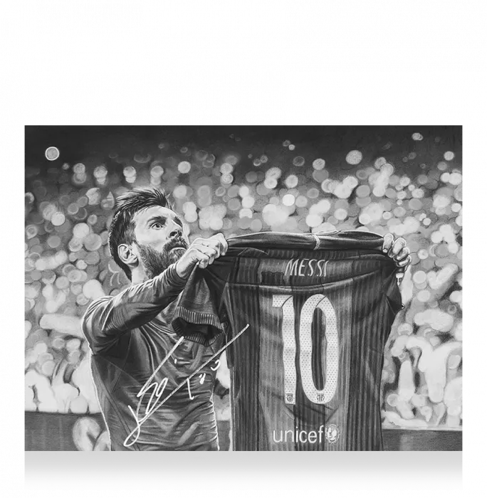 Lionel Messi Official Signed Tribute Artwork In Black Wooden Frame: Iconic Clasico Celebration
