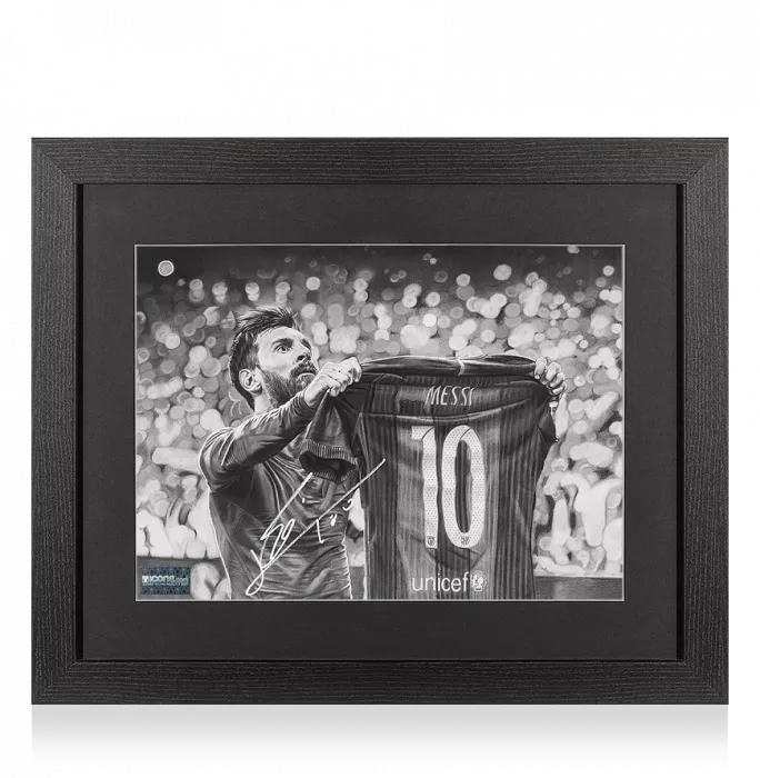 Lionel Messi Official Signed Tribute Artwork In Black Wooden Frame: Iconic Clasico Celebration
