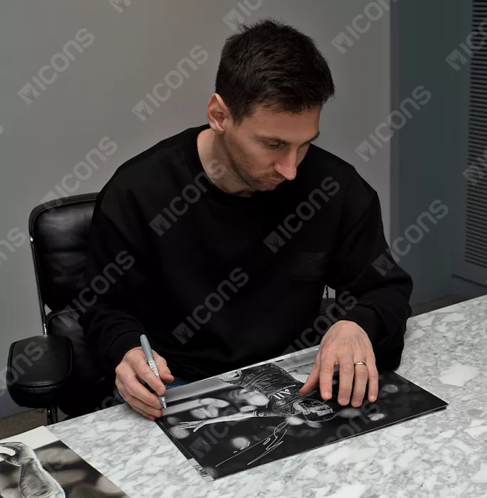 Lionel Messi Official Signed Tribute Artwork In Black Wooden Frame: UCL Goal Vs Manchester City