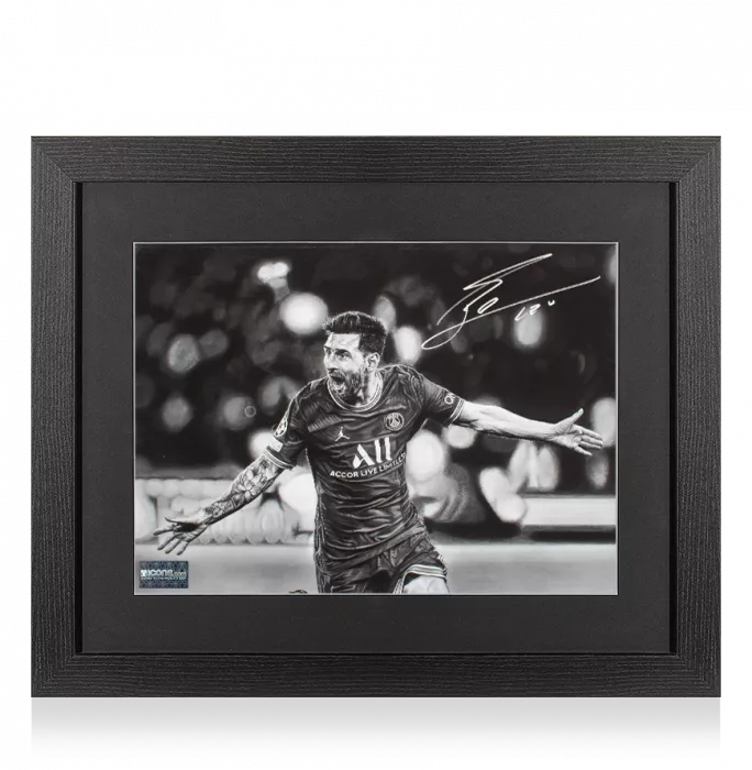 Lionel Messi Official Signed Tribute Artwork In Black Wooden Frame: UCL Goal Vs Manchester City