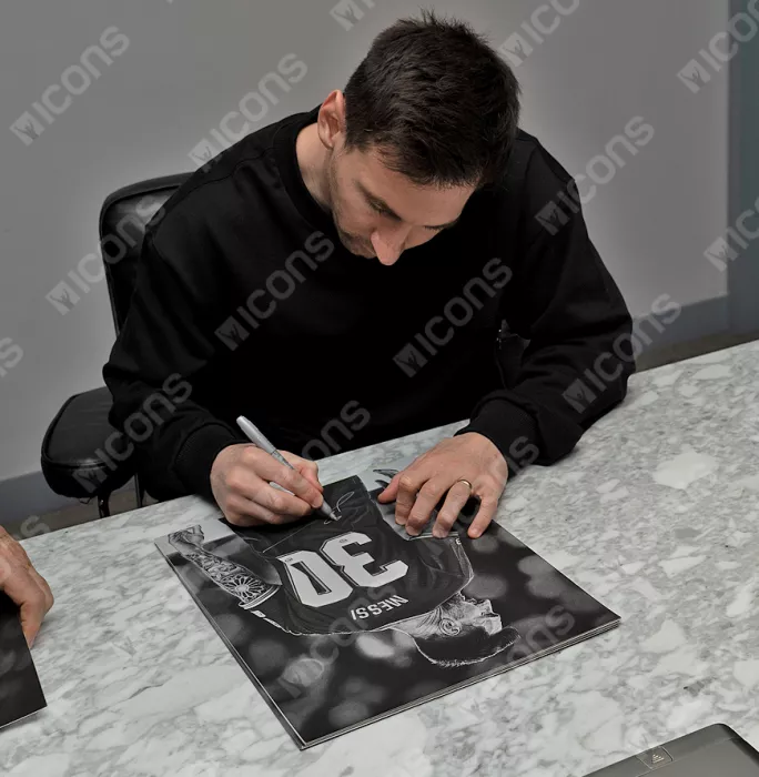 Lionel Messi Official Signed Tribute Artwork In Black Wooden Frame: Parisian Icon