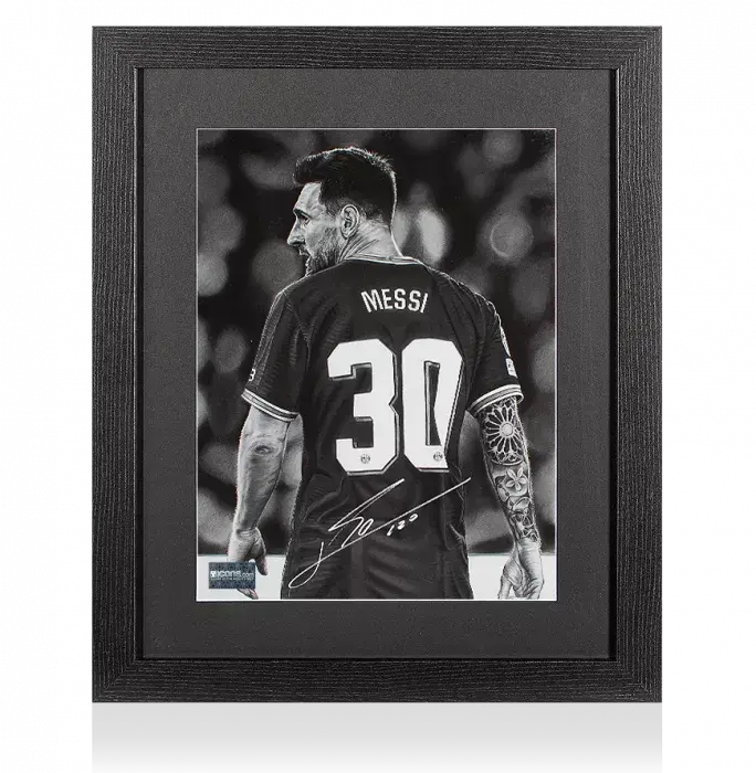 Lionel Messi Official Signed Tribute Artwork In Black Wooden Frame: Parisian Icon