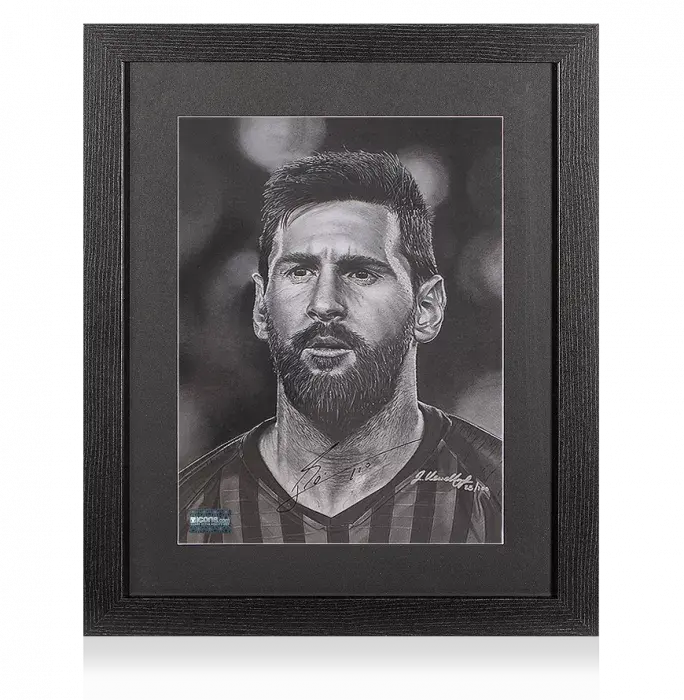 Lionel Messi Official Signed Tribute Artwork In Black Wooden Frame: Barca Legend