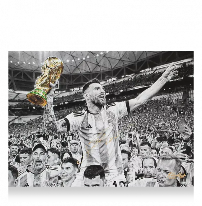 Lionel Messi Official Signed Tribute Artwork In Black Wooden Frame: 2022 FIFA World Cup Winner
