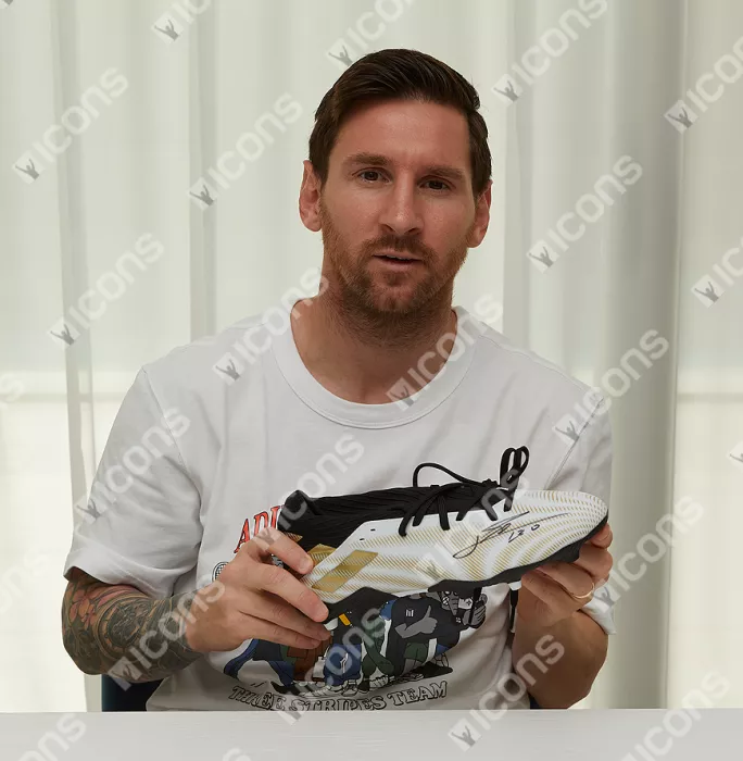 Lionel Messi Official Signed White Black And Gold Adidas Nemeziz .3 Boot In Acrylic Case