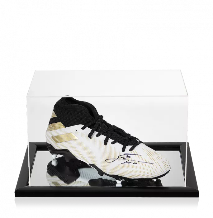 Lionel Messi Official Signed White Black And Gold Adidas Nemeziz .3 Boot In Acrylic Case