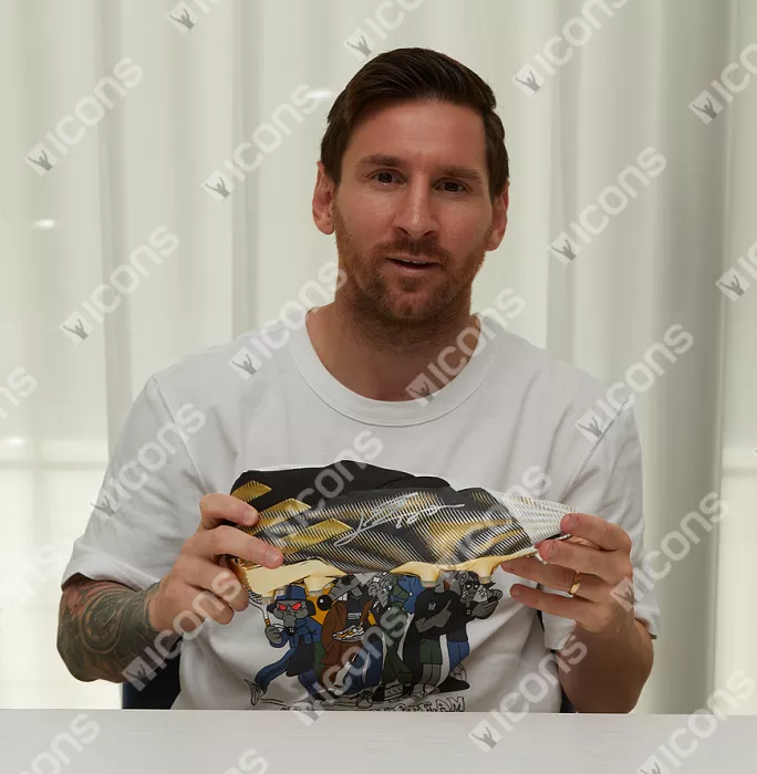 Lionel Messi Official Signed White Gold And Black High Spec Adidas Nemeziz+ Boot In Acrylic Case