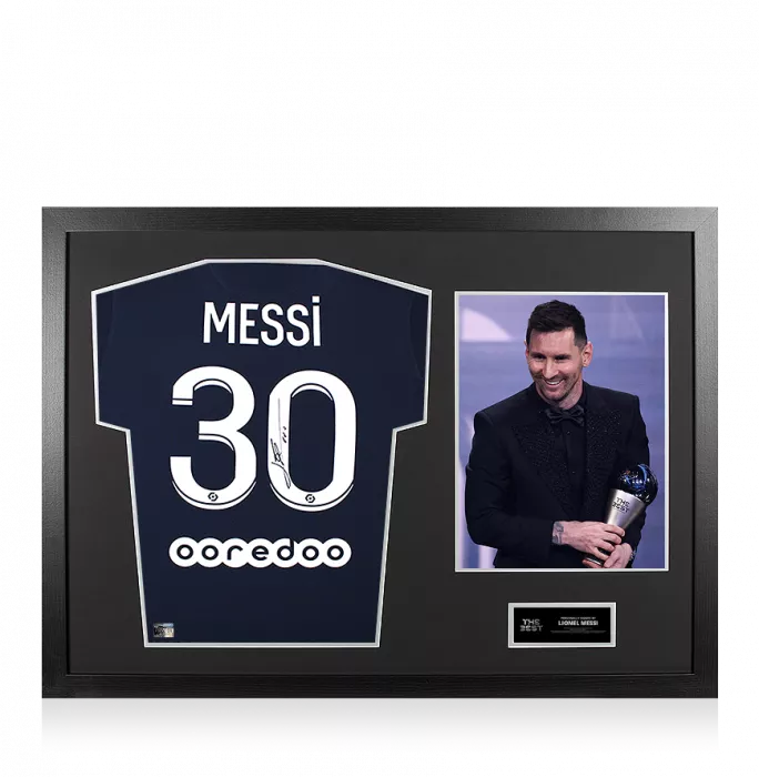 Lionel Messi Official The Best FIFA Football Awards™ Back Signed and Framed Paris Saint-Germain 2021-22 Home Shirt: 2022 Winner