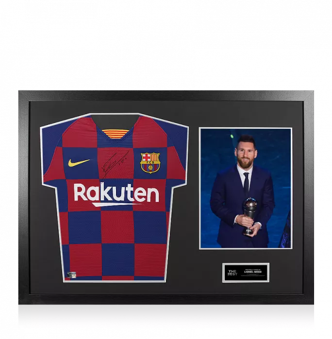Lionel Messi Official The Best FIFA Football Awards™ Front Signed and Framed FC Barcelona 2019-20 Authentic Home Shirt: 2019 Winner