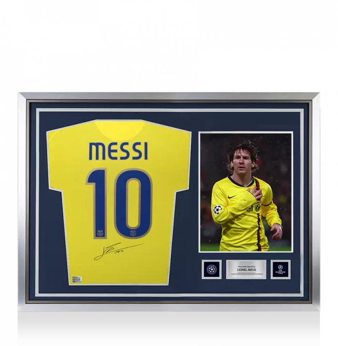 Lionel Messi Official UEFA Champions League Back Signed and Hero Framed FC Barcelona 2008-10 Away Shirt