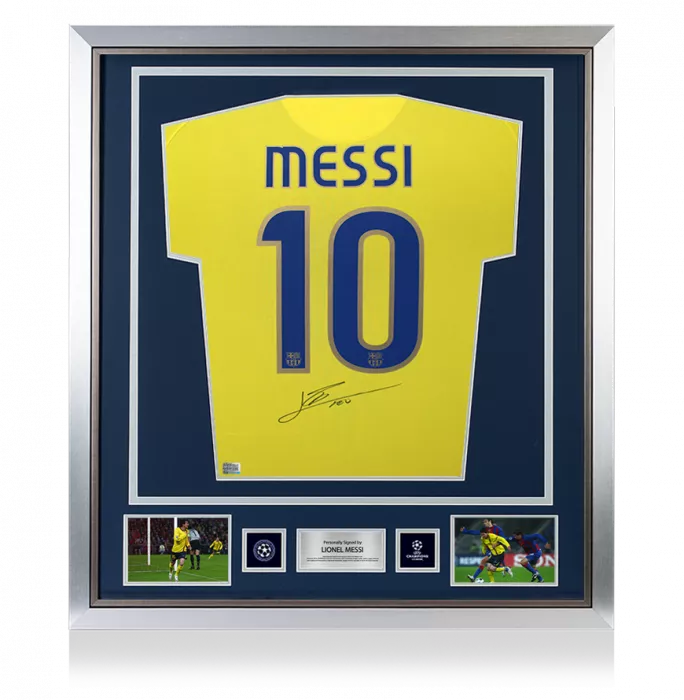 Lionel Messi Official UEFA Champions League Back Signed and Framed FC Barcelona 2008-10 Away Shirt