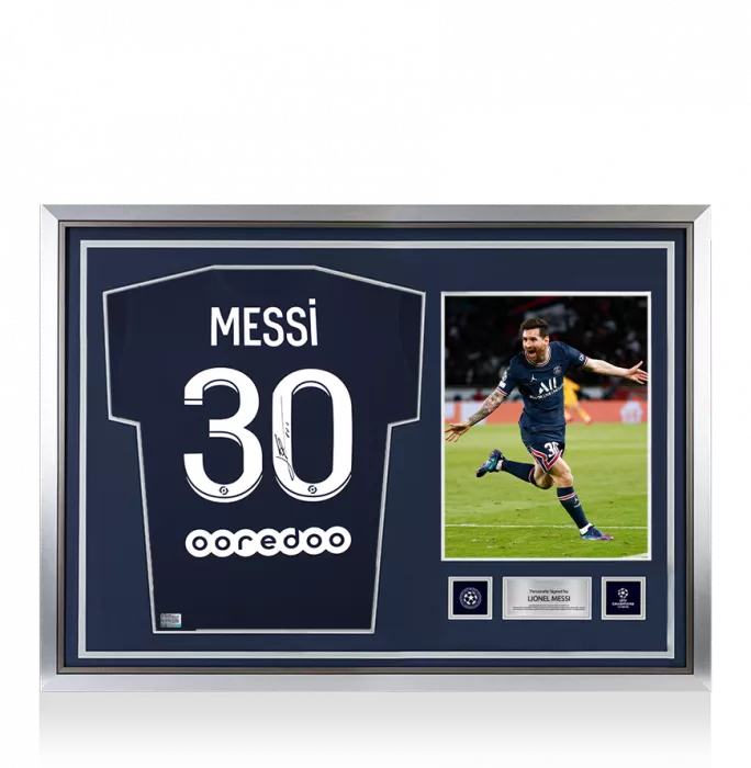 Lionel Messi Official UEFA Champions League Back Signed and Hero Framed Paris Saint-Germain 2021-22 Home Shirt
