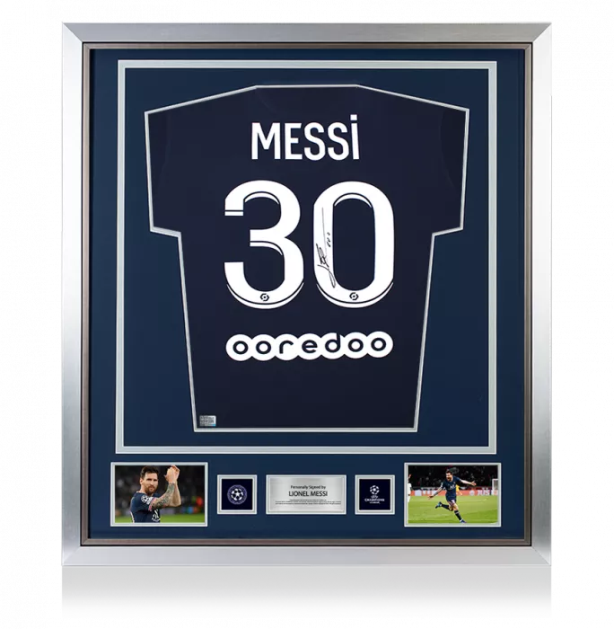 Lionel Messi Official UEFA Champions League Back Signed and Framed Paris Saint-Germain 2021-22 Home Shirt