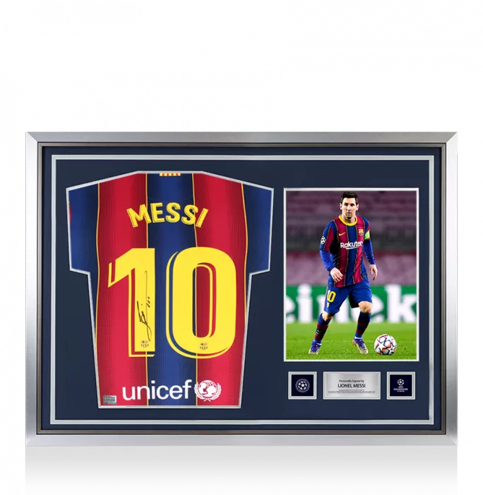 Lionel Messi Official UEFA Champions League Back Signed and Hero Framed FC Barcelona 2020-21 Home Shirt