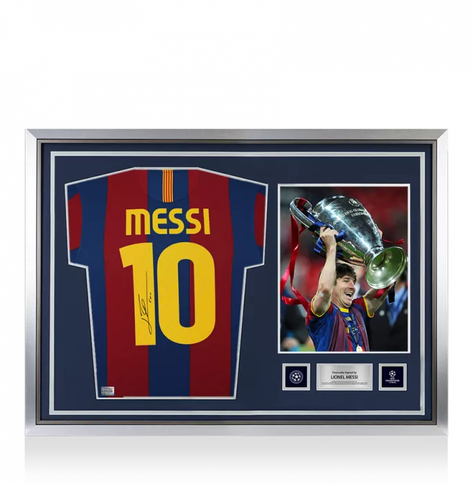 Lionel Messi Official UEFA Champions League Back Signed and Hero Framed FC Barcelona 2010-11 Home Shirt