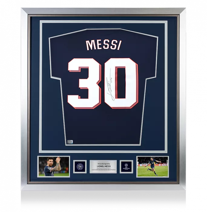 Lionel Messi Official UEFA Champions League Back Signed and Framed Paris Saint - Germain 2021-22 Home Shirt