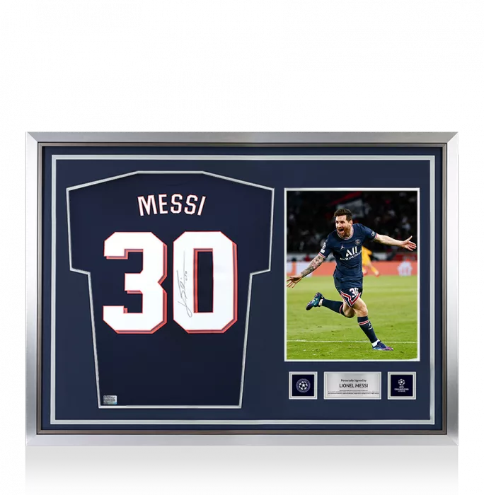 Lionel Messi Official UEFA Champions League Back Signed and Hero Framed Paris Saint - Germain 2021-22 Home Shirt