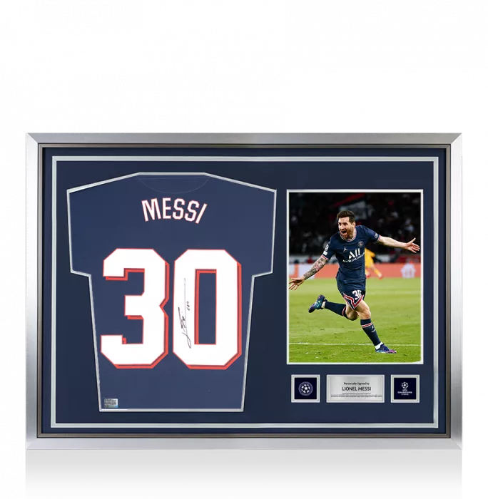 Lionel Messi Official UEFA Champions League Back Signed and Hero Framed Paris Saint-Germain 2021-22 Home Shirt with Fan Style Numbers
