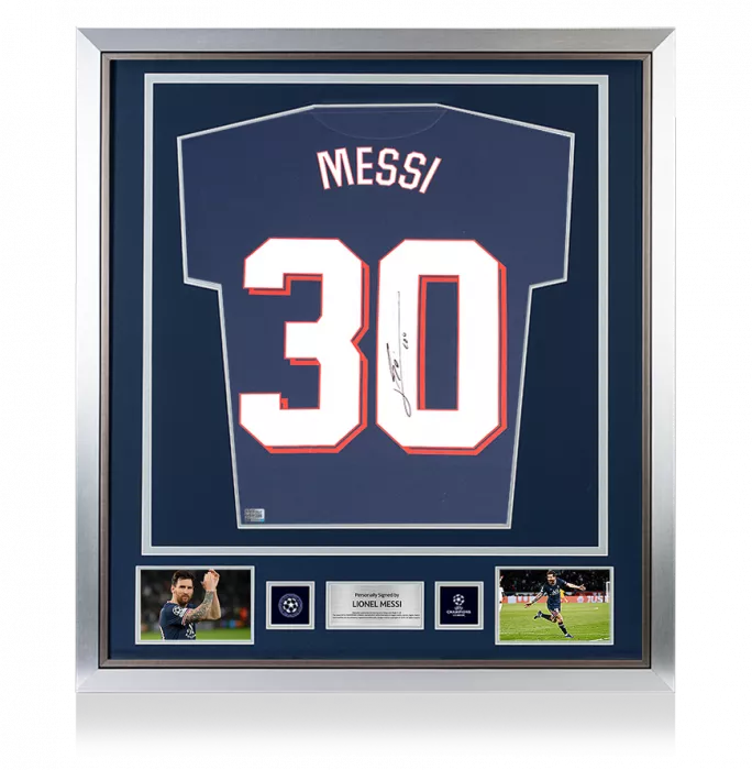Lionel Messi Official UEFA Champions League Back Signed and Framed Paris Saint-Germain 2021-22 Home Shirt with Fan Style Numbers